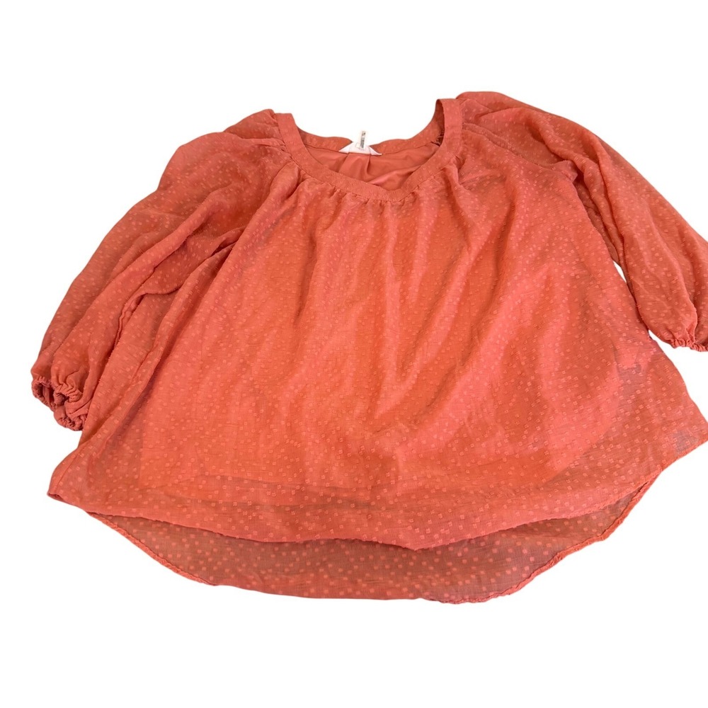 LC Lauren Conrad Womens XL Coral Pink Clip Dot Scoop Neck Balloon Sleeve Blouse